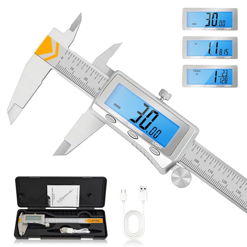 LAYME Digital Caliper, Rechargeable Caliper Measuring Tool with Backlight LCD Screen,Vernier Dial Caliper Stainless Steel with Auto-Off Feature,Inch Metric Fraction Conversion, for Jewelers/Woodworkers/DIY - Image 1